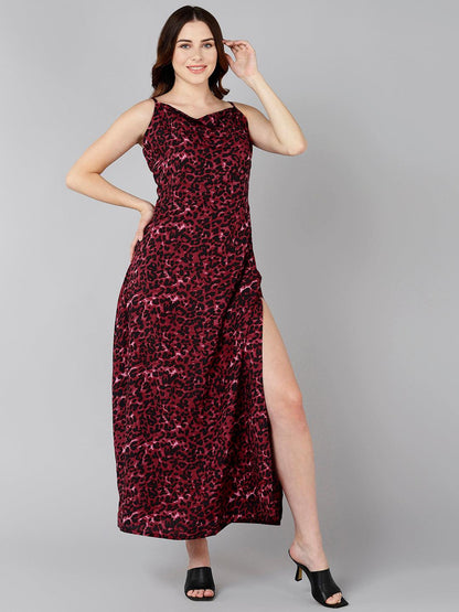 Burgundy Animal Printed Thigh-High Slit Maxi Dress - Znxclothing