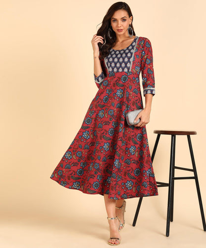 Floral Printed Maroon Flared Kurta With Lace Detail - Znxclothing