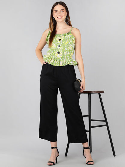 White Floral Printed Green &amp; Black Jumpsuit - Znxclothing