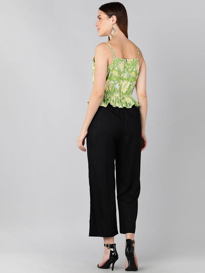 White Floral Printed Green &amp; Black Jumpsuit - Znxclothing