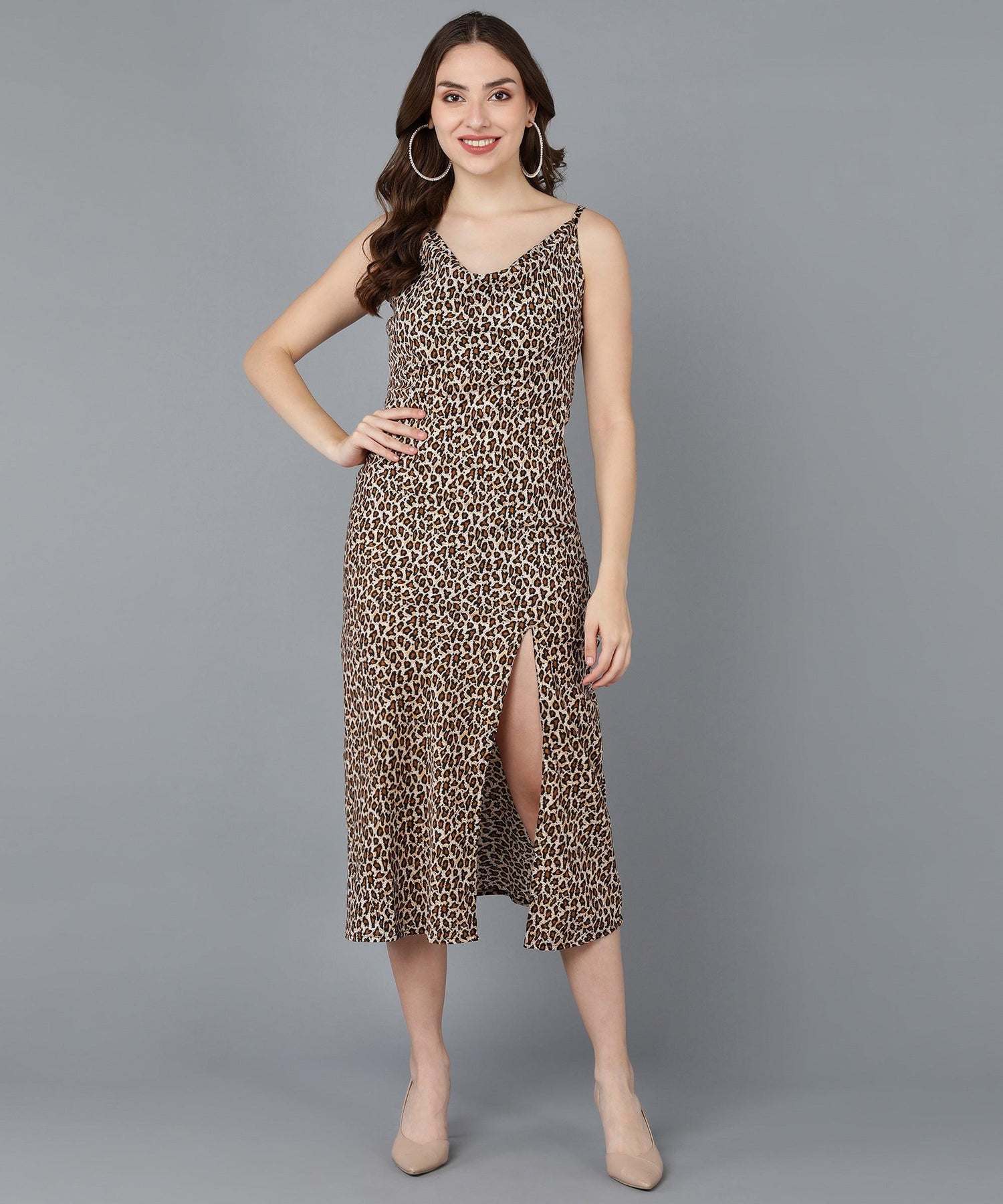 Animal Printed Cowl Neck Brown Sheath Dress - Znxclothing