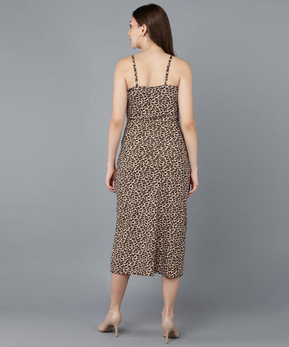 Animal Printed Cowl Neck Brown Sheath Dress - Znxclothing