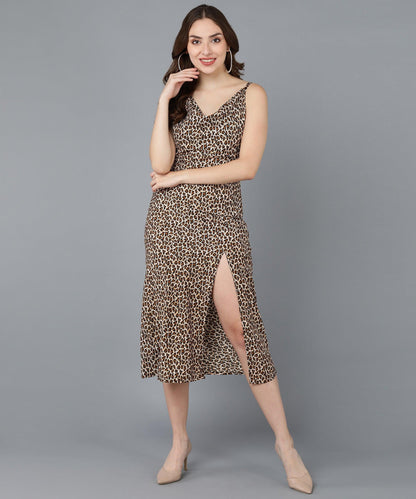 Animal Printed Cowl Neck Brown Sheath Dress - Znxclothing