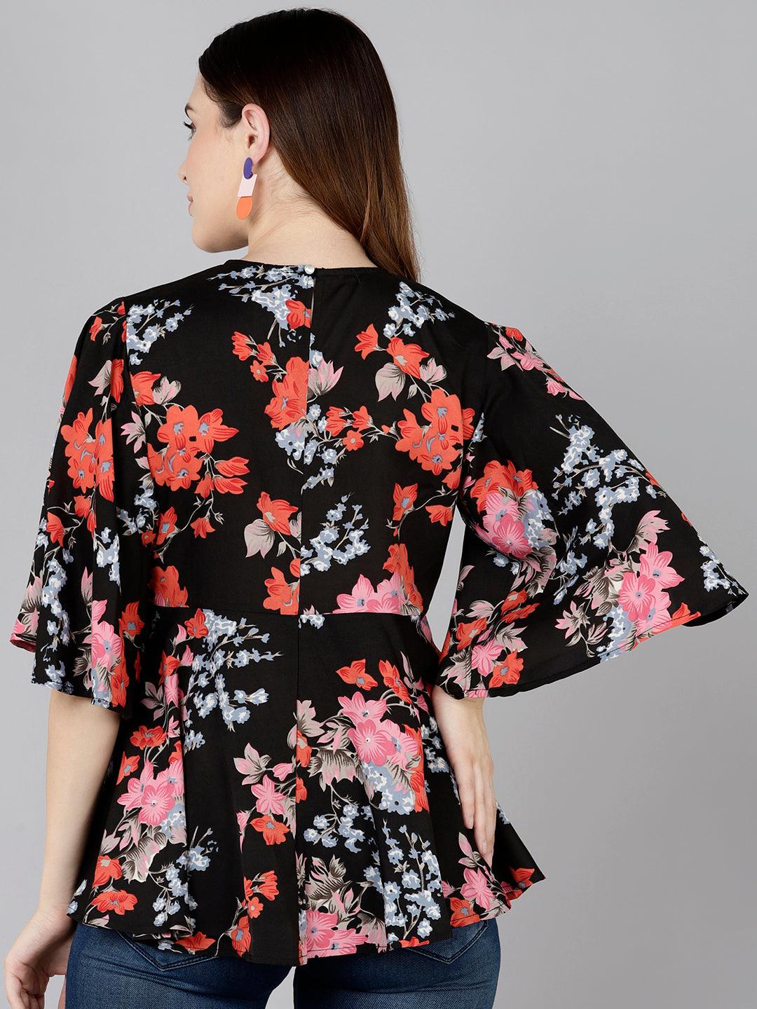 Red Floral Printed black Top - Znxclothing