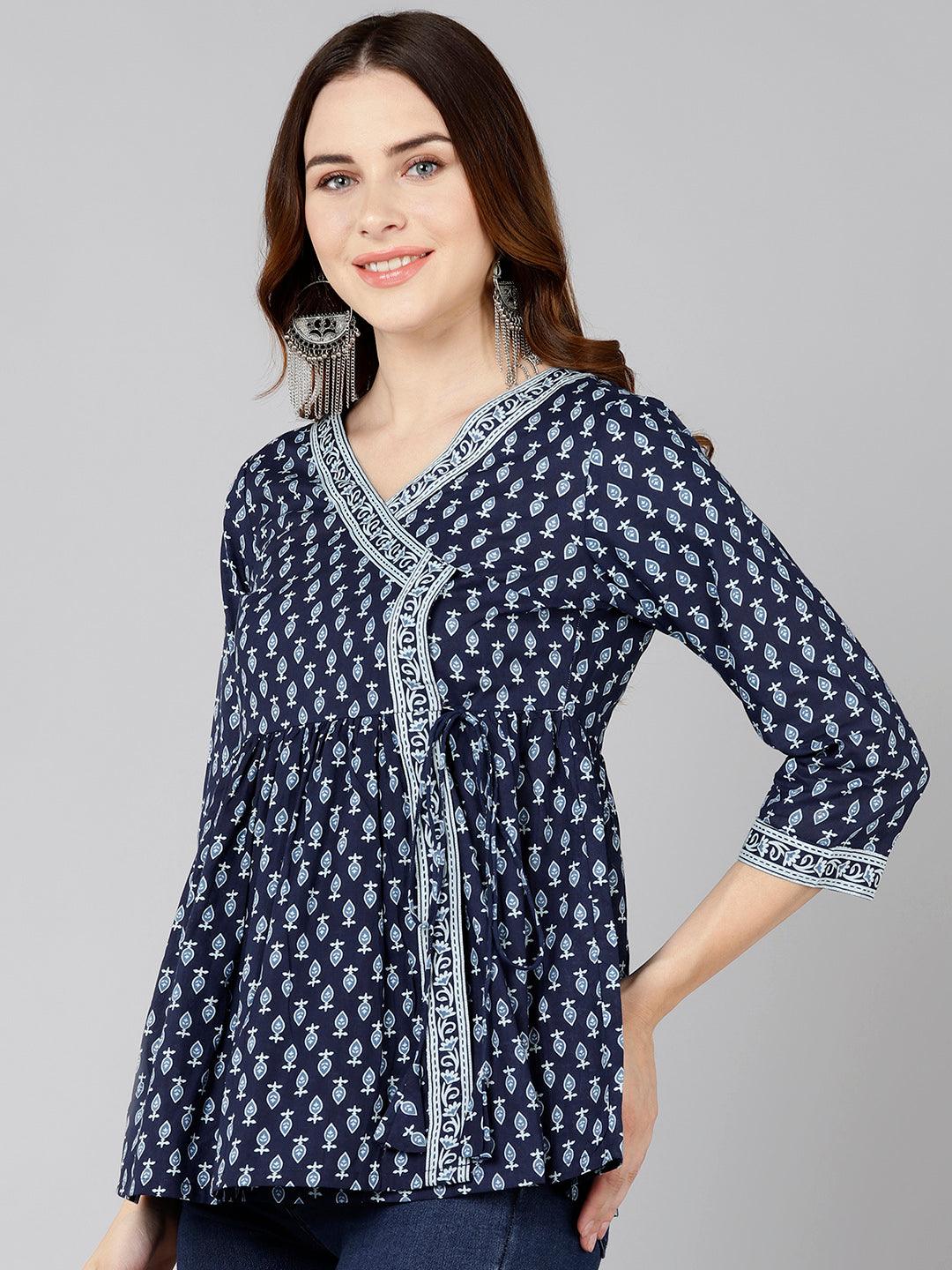 White Printed Blue Angrakha Style Top - Znxclothing