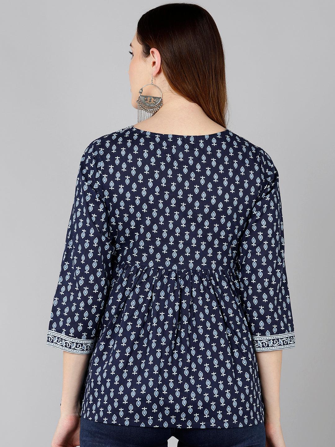 White Printed Blue Angrakha Style Top - Znxclothing