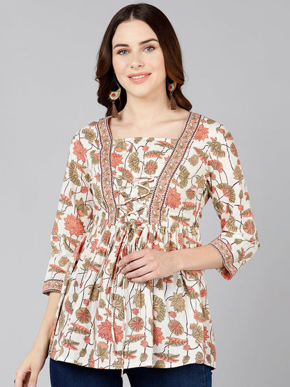 Floral Printed Cream Cotton Top - Znxclothing