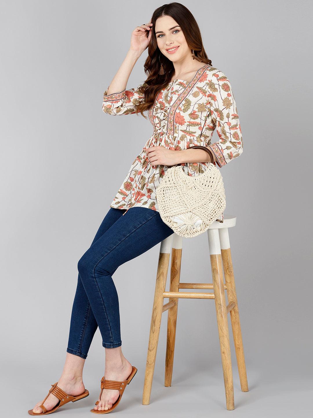 Floral Printed Cream Cotton Top - Znxclothing