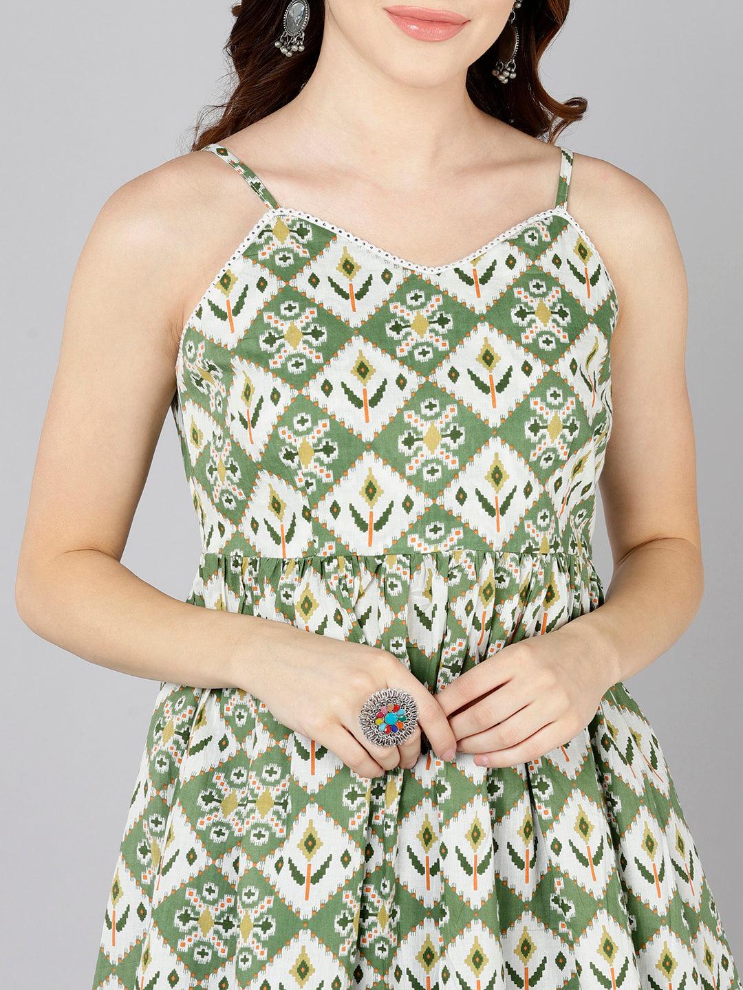 Green Ikat Floral Printed Sleeveless Top - Znxclothing