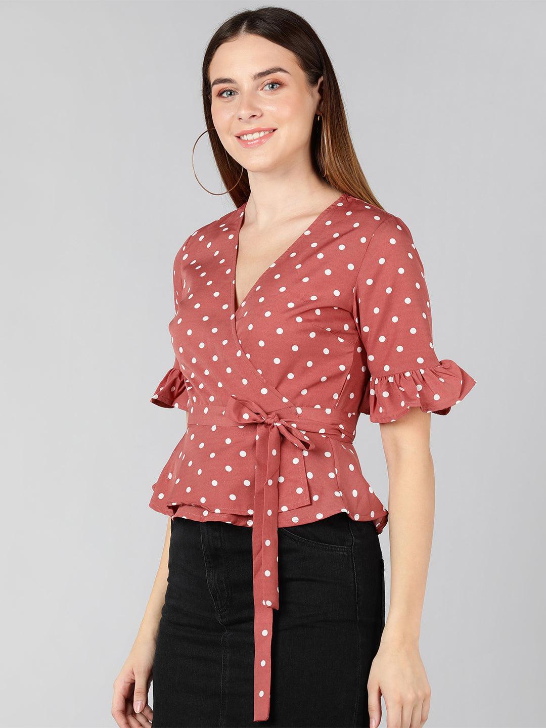 White Polka Dot  Printed Pink Wrap Top - Znxclothing