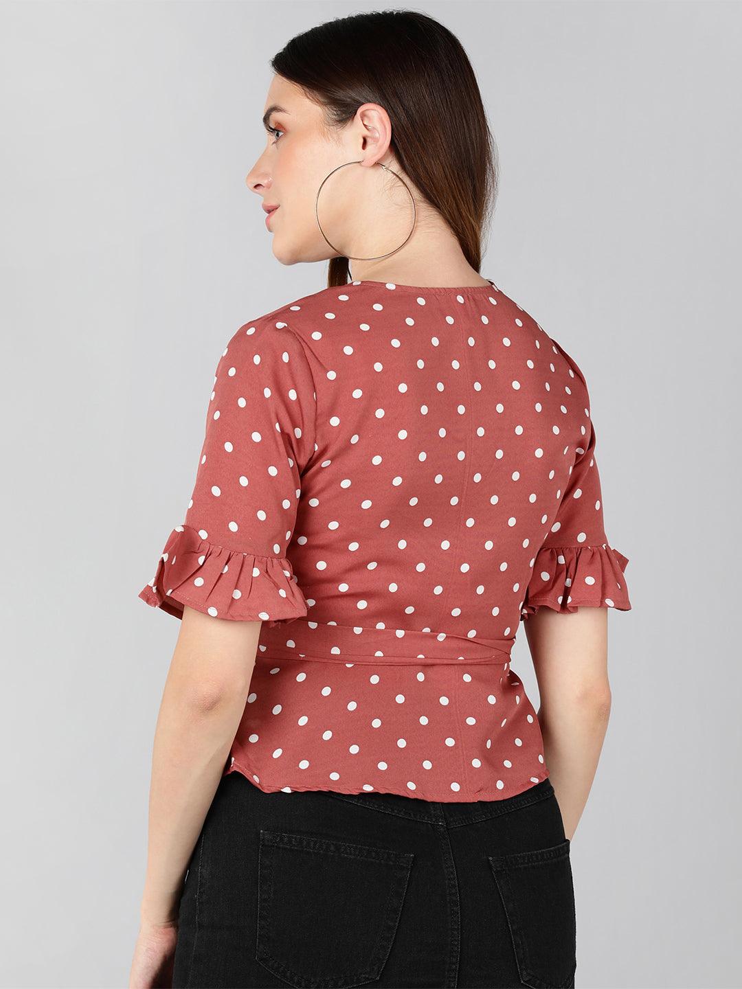 White Polka Dot  Printed Pink Wrap Top - Znxclothing