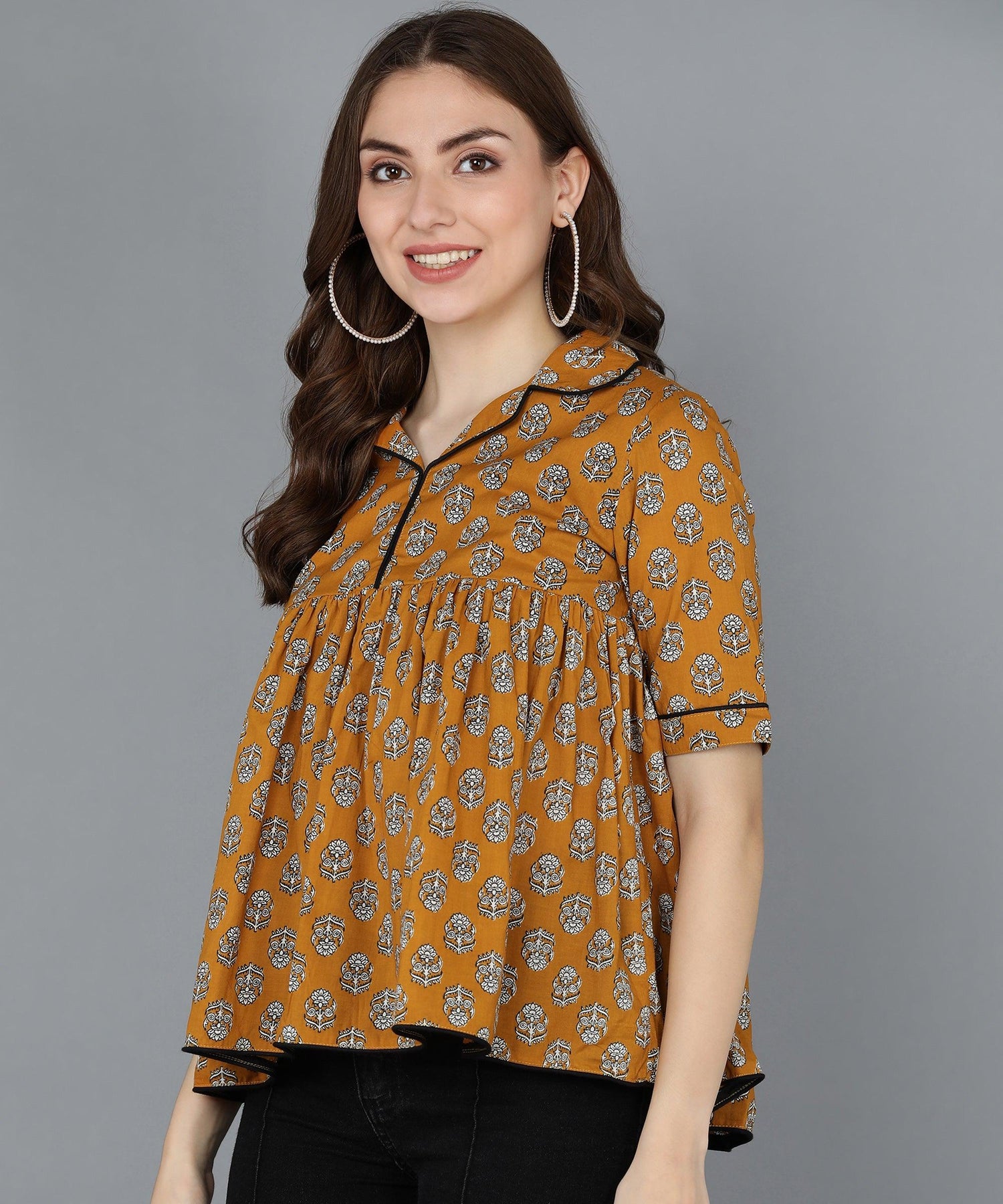 Floral Printed Mustard Top - Znxclothing