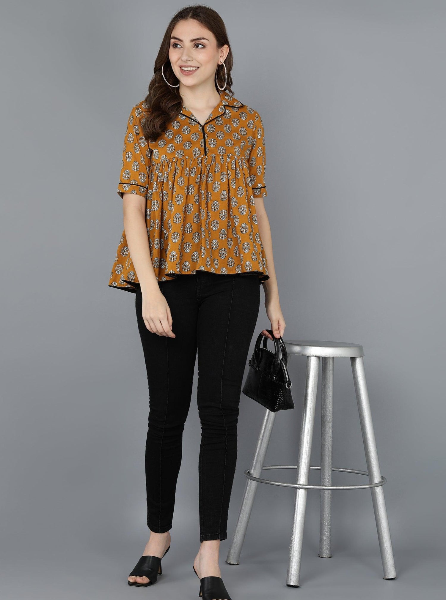 Floral Printed Mustard Top - Znxclothing