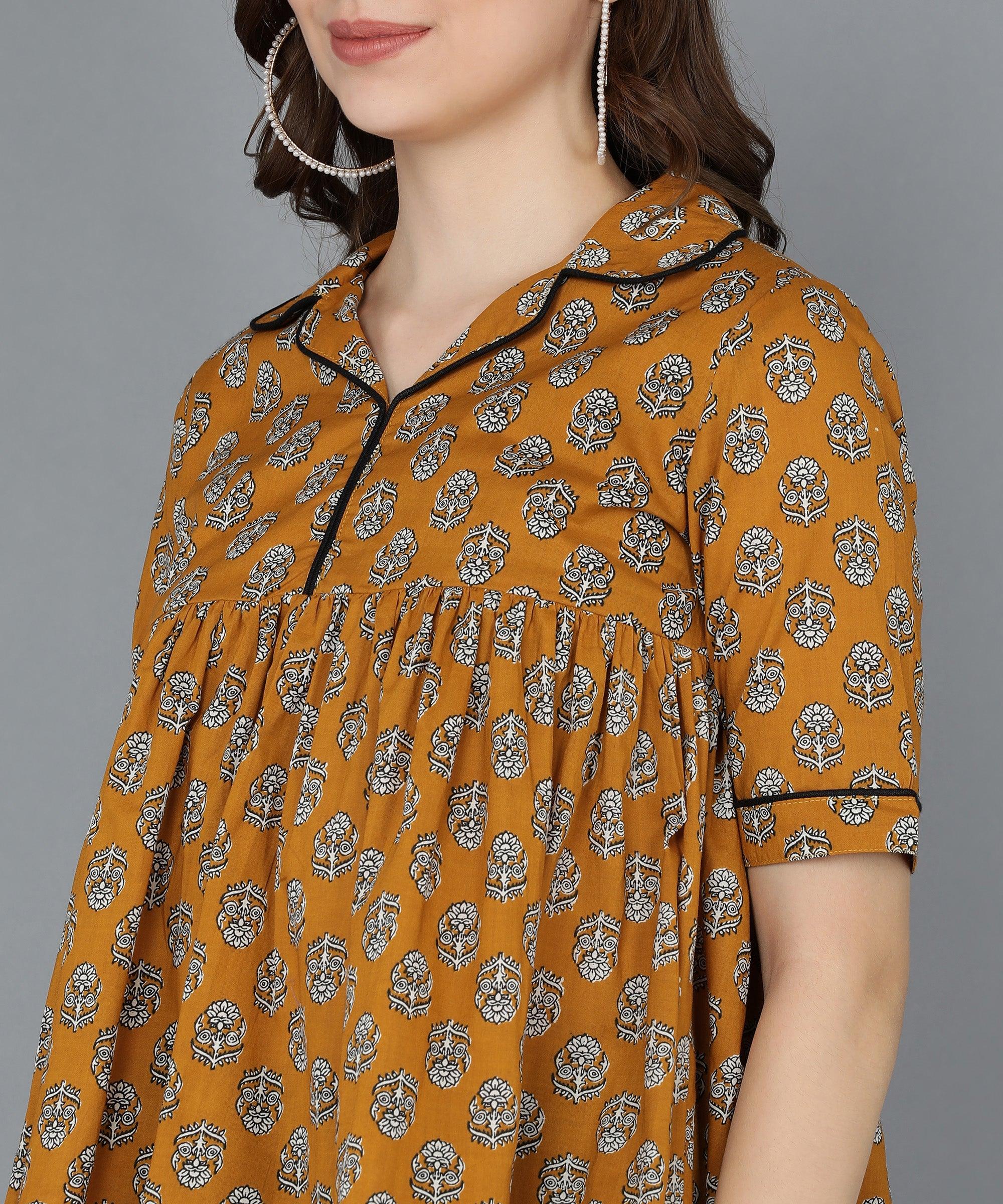 Floral Printed Mustard Top - Znxclothing
