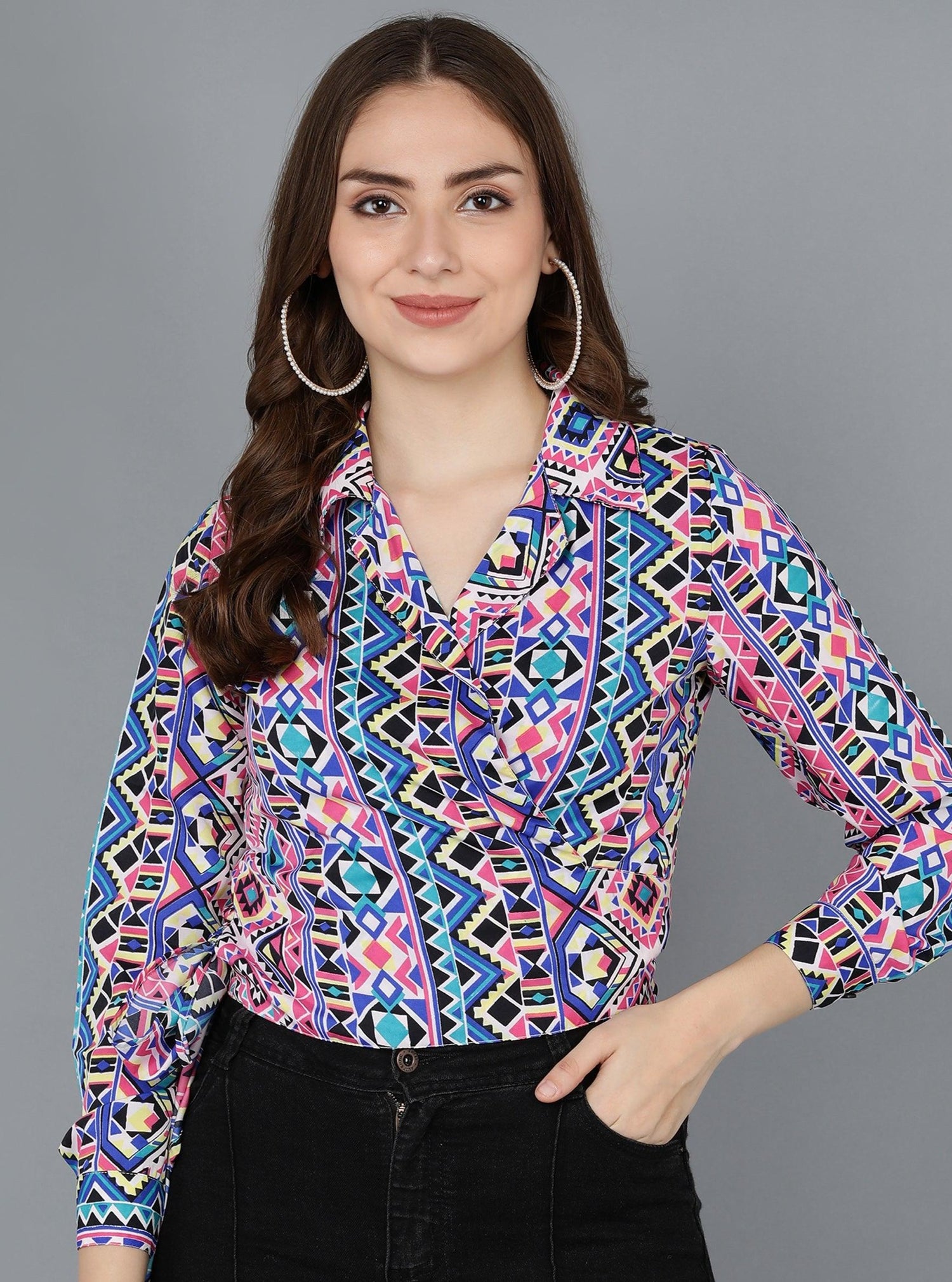 Geometrical Printed Multicolor Wrap Top - Znxclothing