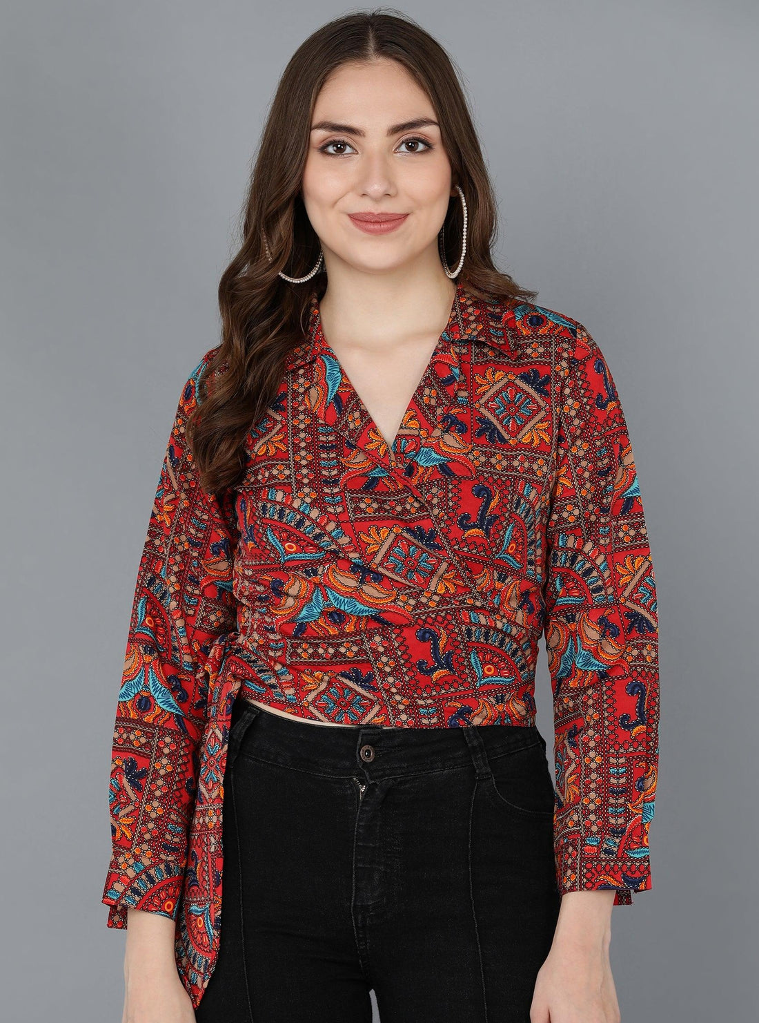Ethnic Print Printed Red Wrap Top - Znxclothing