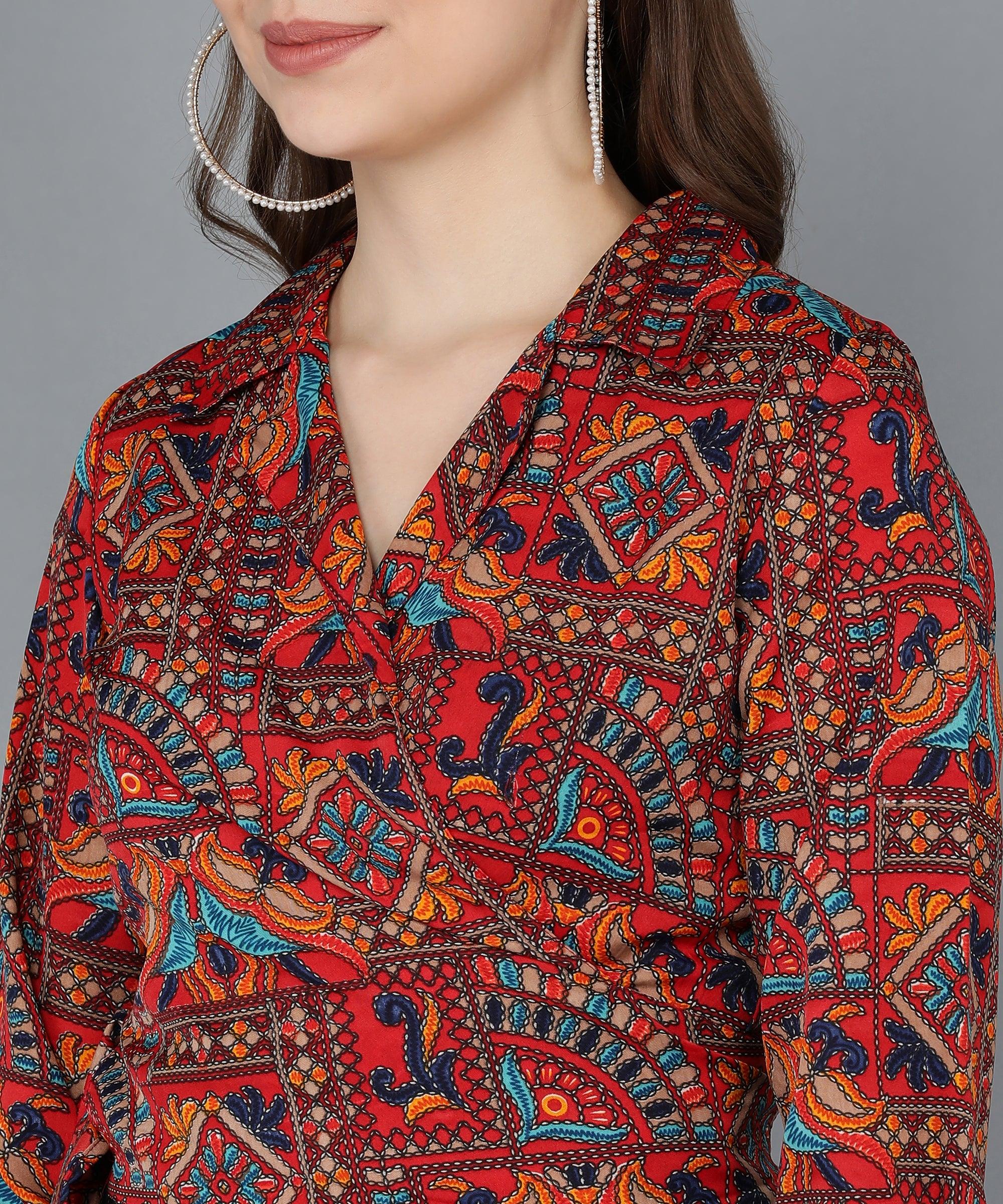 Ethnic Print Printed Red Wrap Top - Znxclothing