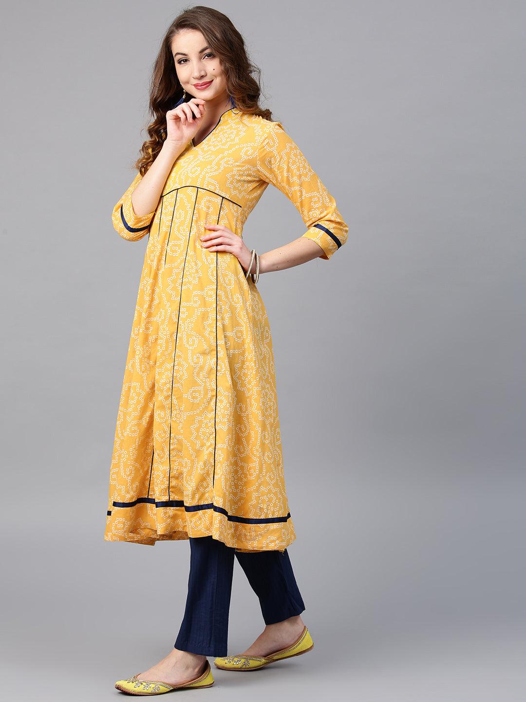 Yellow Bandhani Printed Anarkali With Blue Pipping Details (Fully Stitched) - Znxclothing