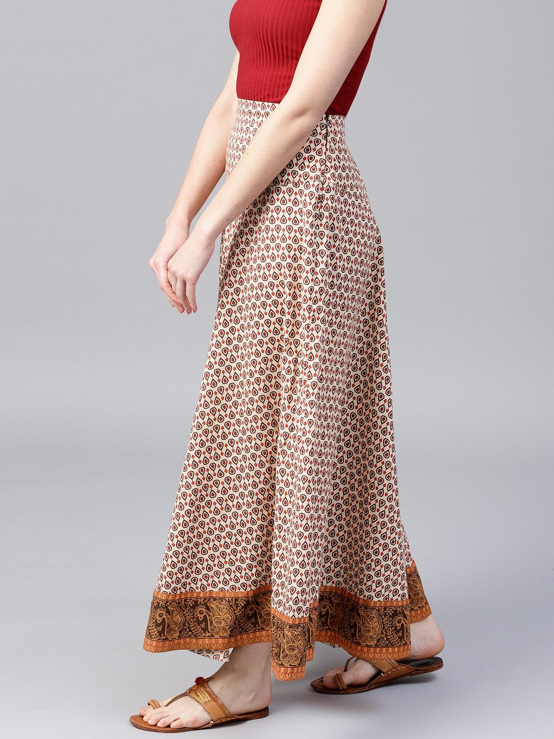 Beige &amp; Brown Printed Flared Skirt - Znxclothing