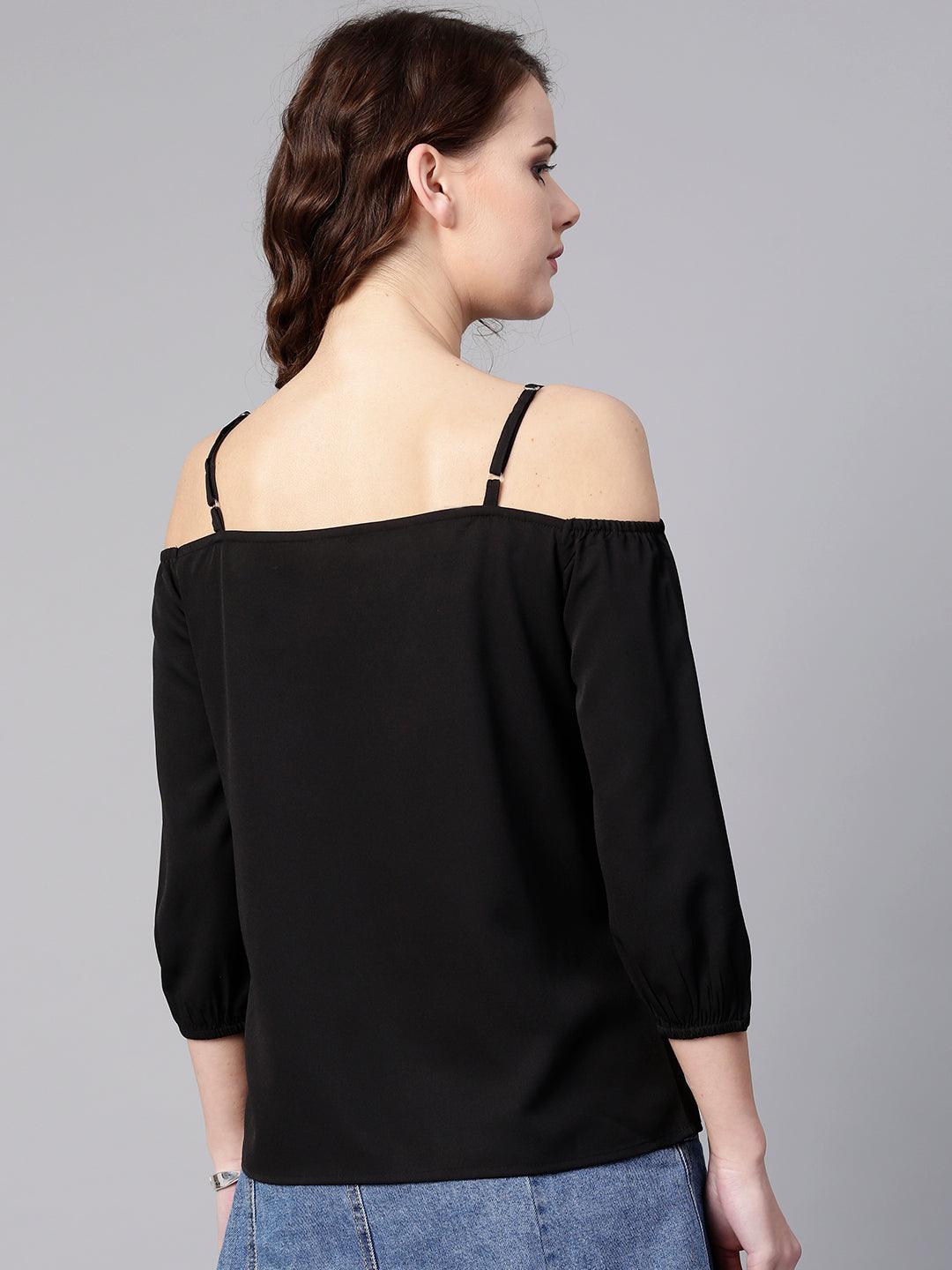 Black Embellished Cold-Shoulder Top - Znxclothing
