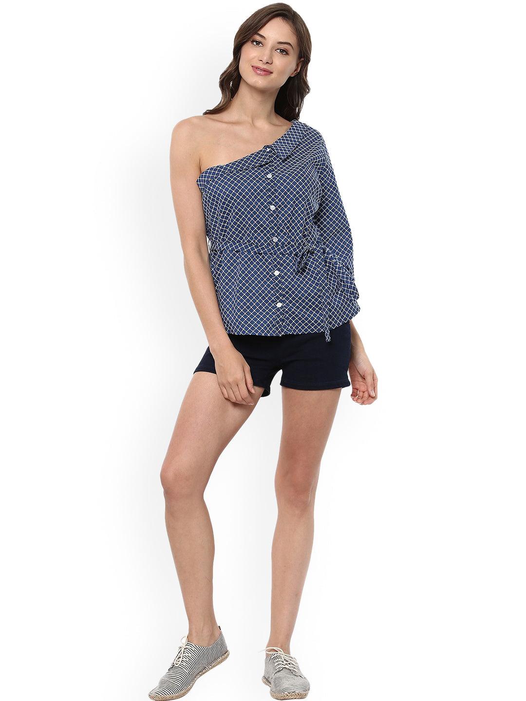 Blue Checked One-Shoulder Shirt Style Top - Znxclothing