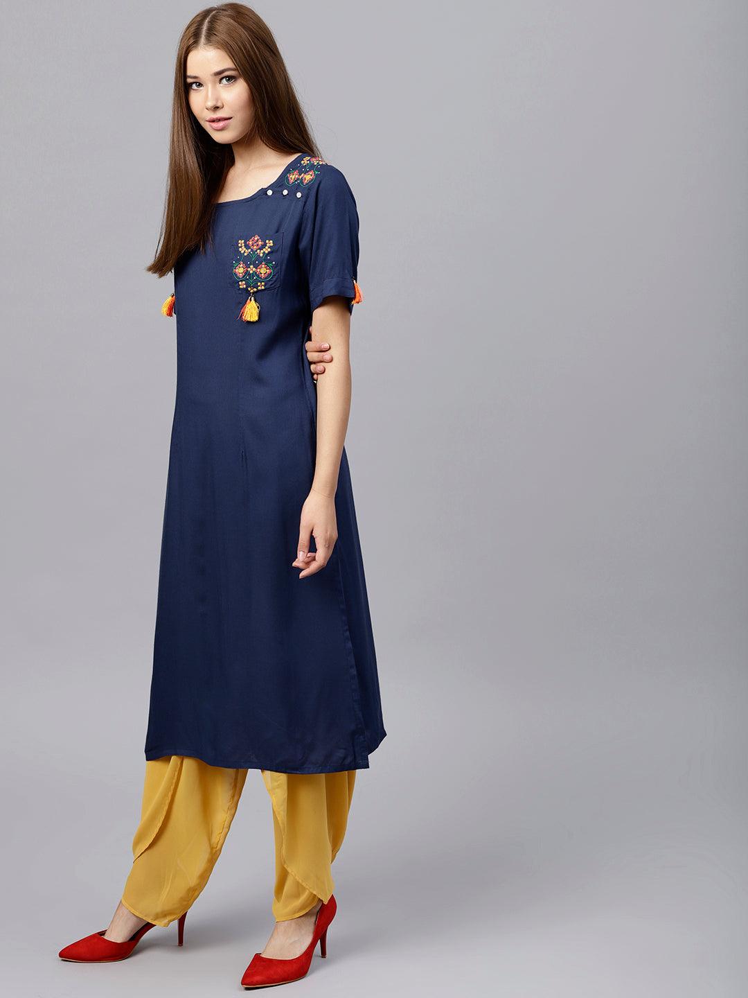 Navy Blue Solid Straight Kurta with Embroidered Detail - Znxclothing
