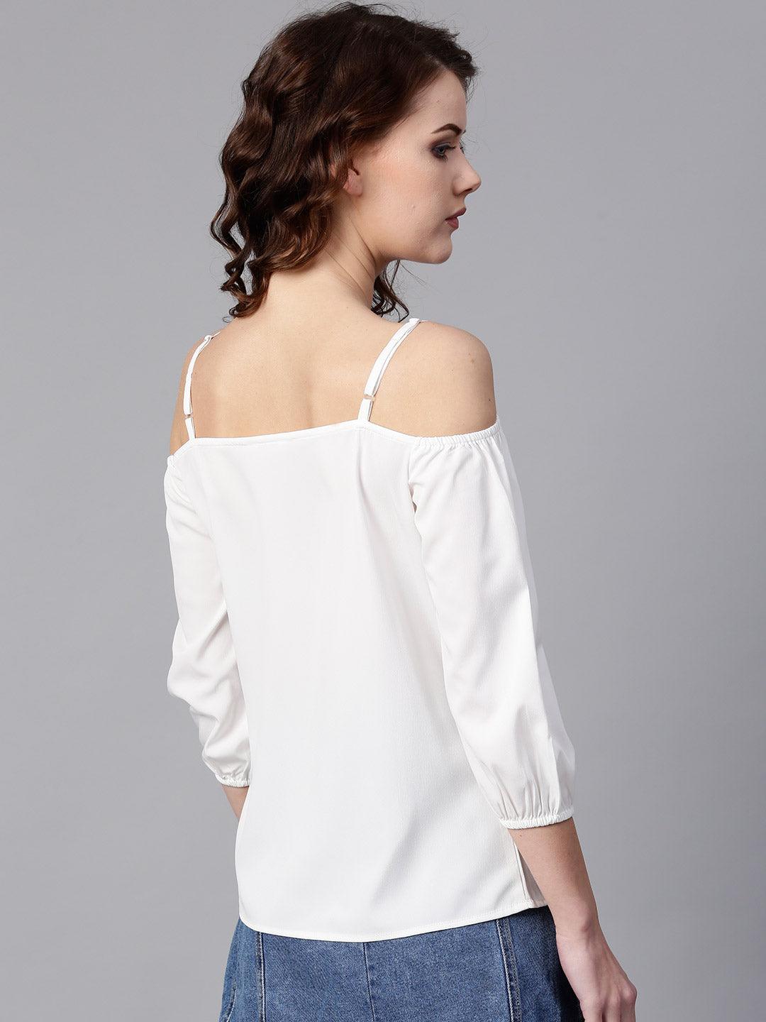 White Embellished Cold-Shoulder Top - Znxclothing