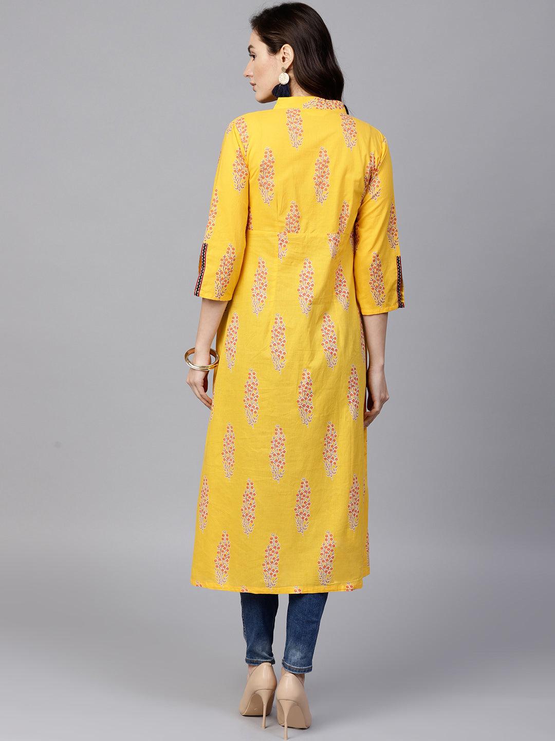 Yellow Printed High Slit A-Line Kurta - Znxclothing