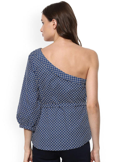 Blue Checked One-Shoulder Shirt Style Top - Znxclothing