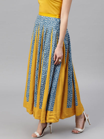 Blue &amp; Yellow Floral Printed Flared Skirt - Znxclothing