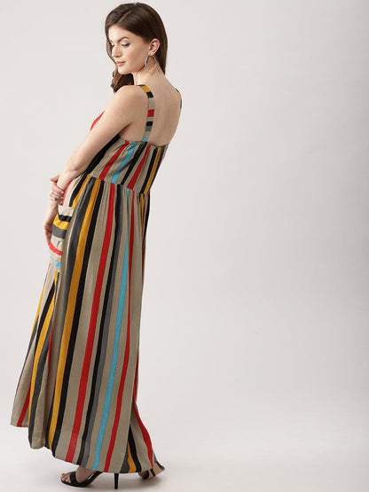 Women Multicoloured Striped Maxi Dress (Fully Stitched) - Znxclothing
