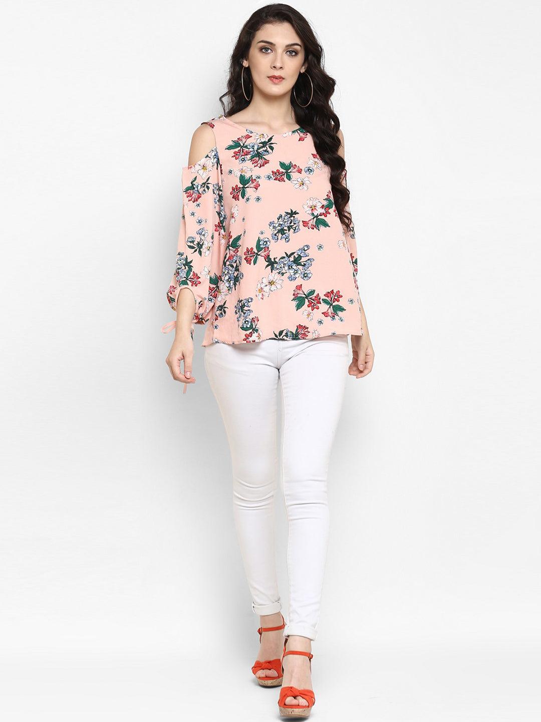 Peach-Coloured Printed A-Line Top - Znxclothing