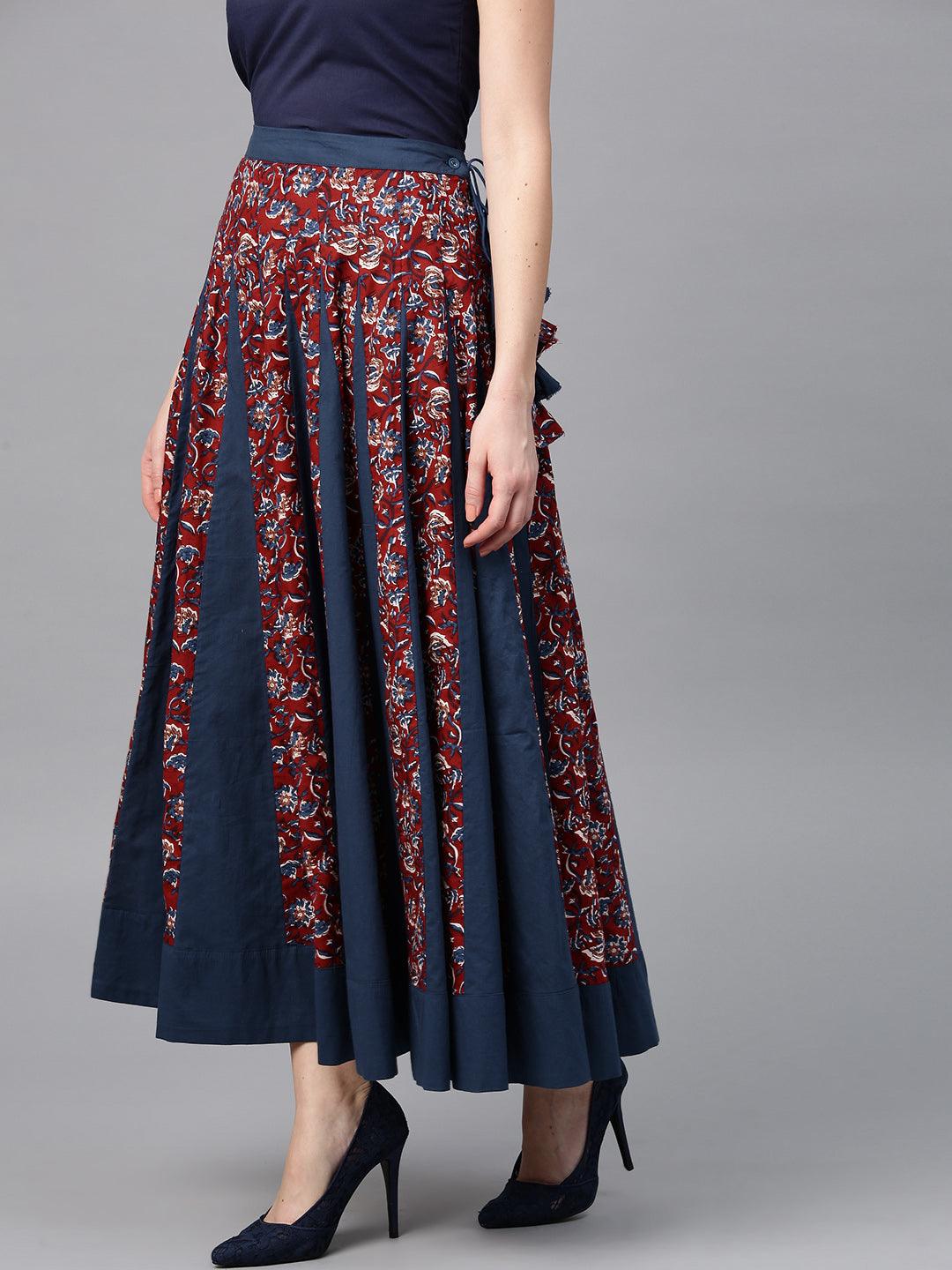 Blue &amp; Burgundy Printed Flared Skirt - Znxclothing