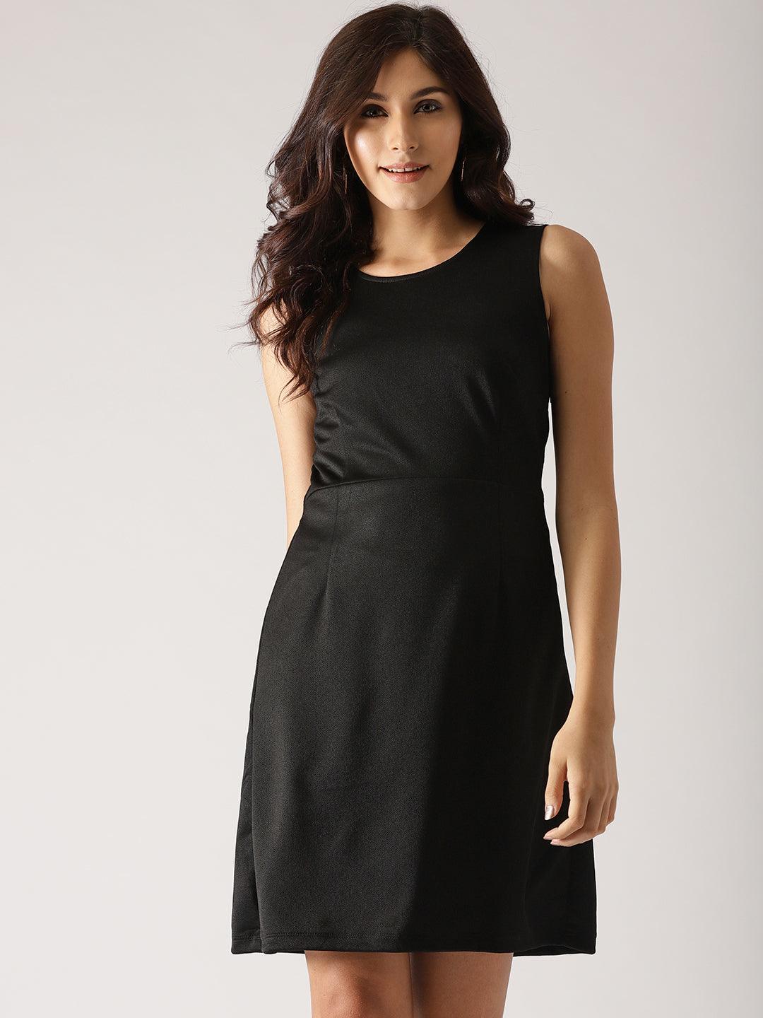 Black Solid Fit &amp; Flare Dress (Fully Stitched) - Znxclothing