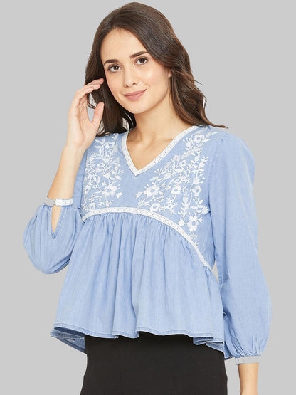 Ice Blue Embroidered Top - Znxclothing