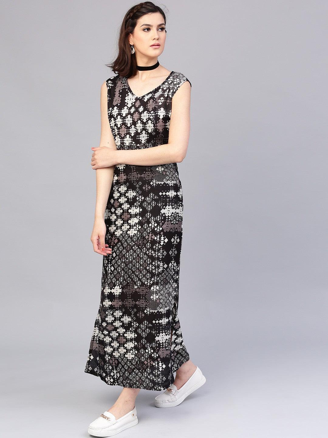 Black Geometrical Printed Sleeveless Maxi Dress (Fully Stitched) - Znxclothing