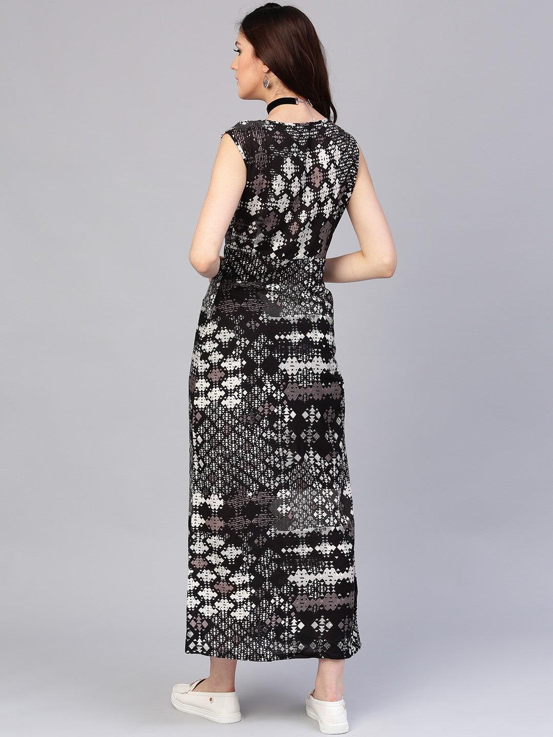 Black Geometrical Printed Sleeveless Maxi Dress (Fully Stitched) - Znxclothing