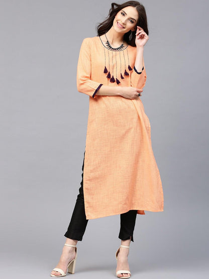 Peach Solid Kurta With Kantha Handwork And Tassels Details At Yoke (Fully Stitched) - Znxclothing