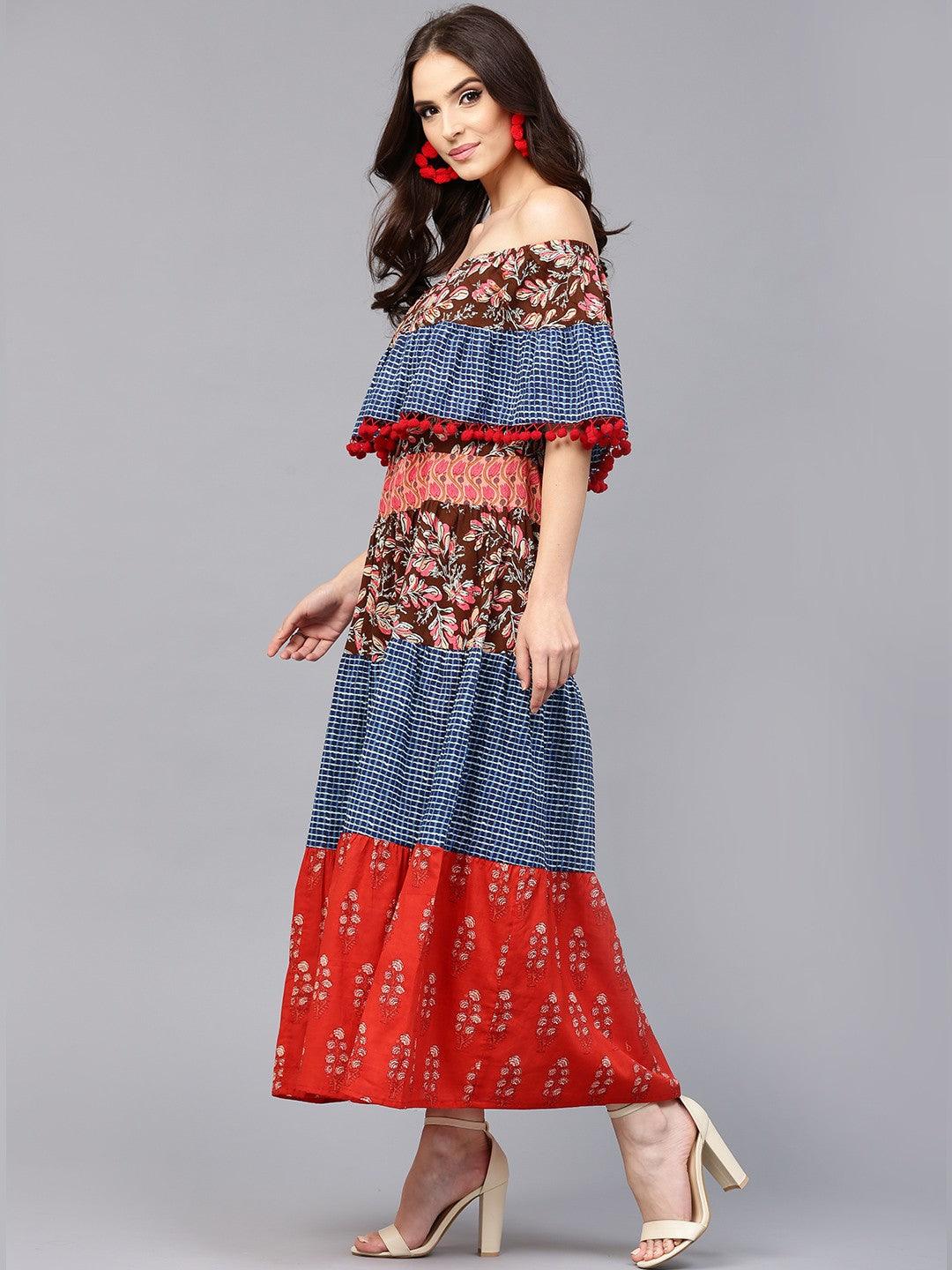 Multicolored Floral Printed Off Shoulder Kurta (Fully Stitched) - Znxclothing