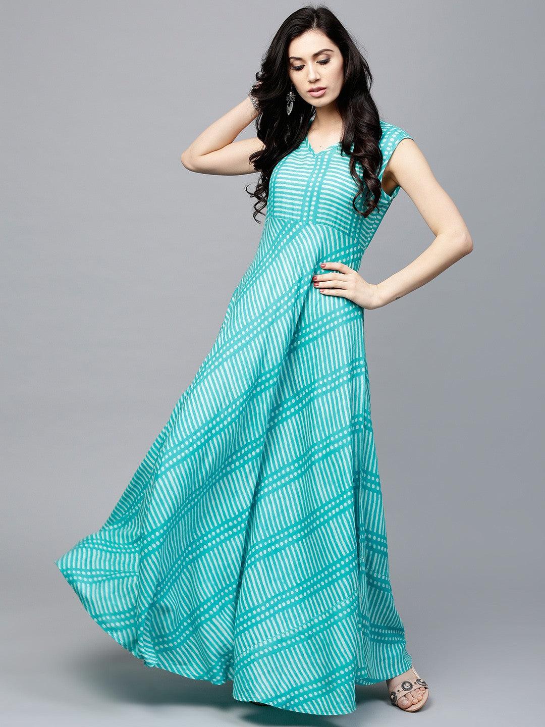 Turquoise Blue Printed Sleeveless Flared Maxi (Fully Stitched) - Znxclothing