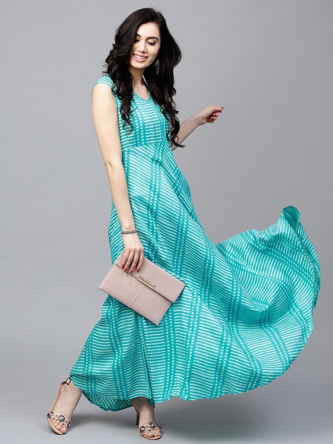 Turquoise Blue Printed Sleeveless Flared Maxi (Fully Stitched) - Znxclothing