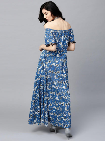 Blue Floral Printed Off-Shoulder Maxi Dress (Fully Stitched) - Znxclothing