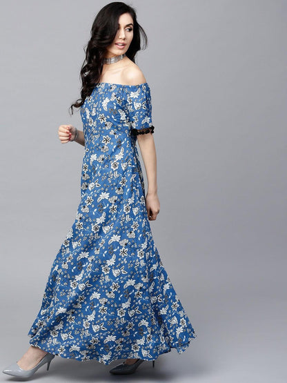 Blue Floral Printed Off-Shoulder Maxi Dress (Fully Stitched) - Znxclothing