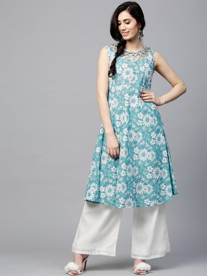 Sky Blue Floral Printed Sleeveless Anarkali (Fully Stitched) - Znxclothing