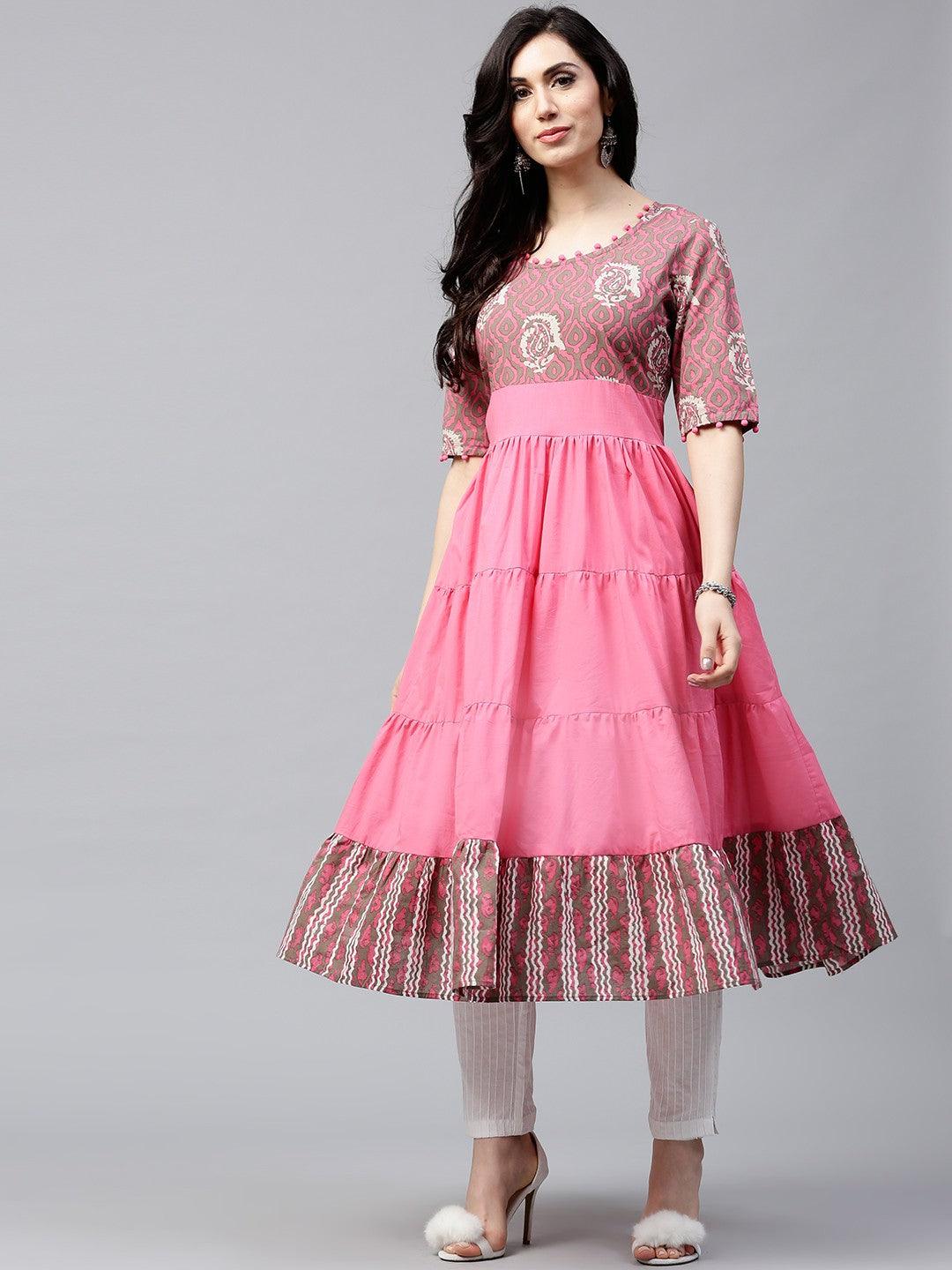 Pink &amp; Grey Printed Tiered Anarkali With Lace Details (Fully Stitched) - Znxclothing