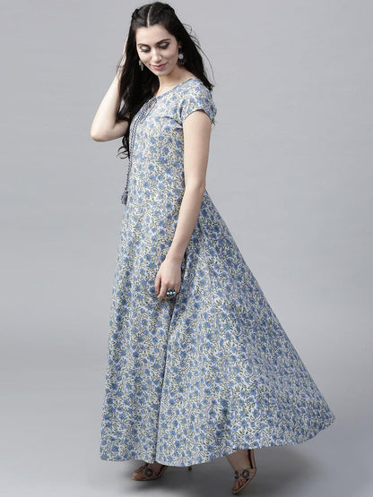 Blue &amp; Green Floral Printed Flared Maxi Dress (Fully Stitched) - Znxclothing