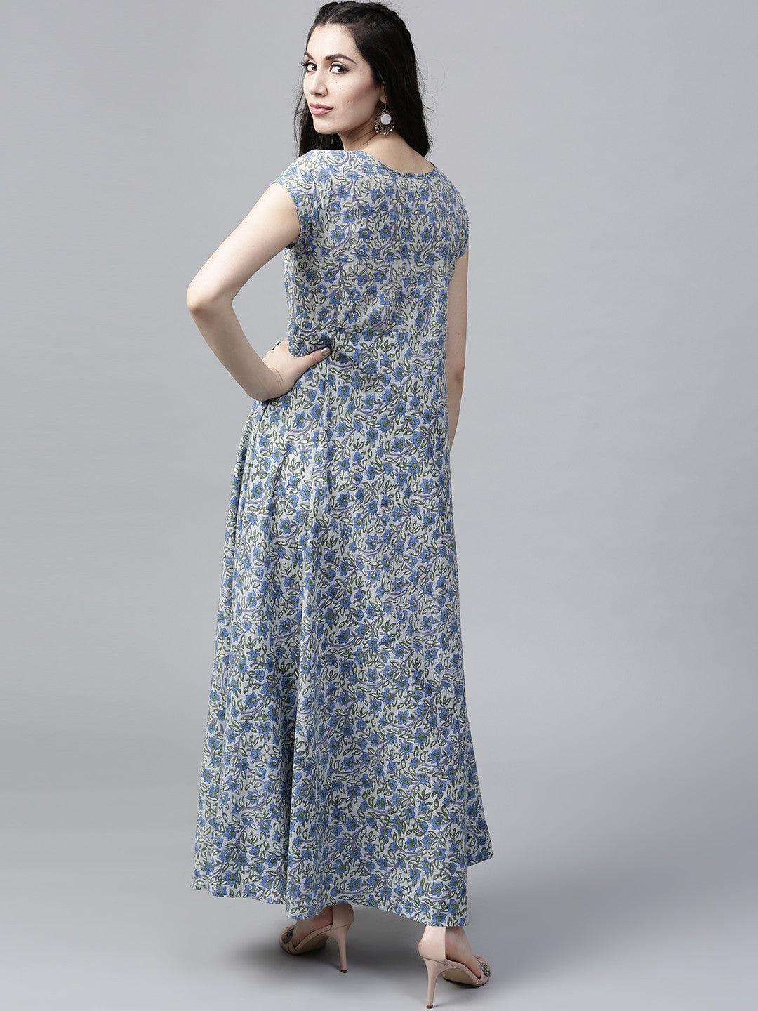 Blue &amp; Green Floral Printed Flared Maxi Dress (Fully Stitched) - Znxclothing