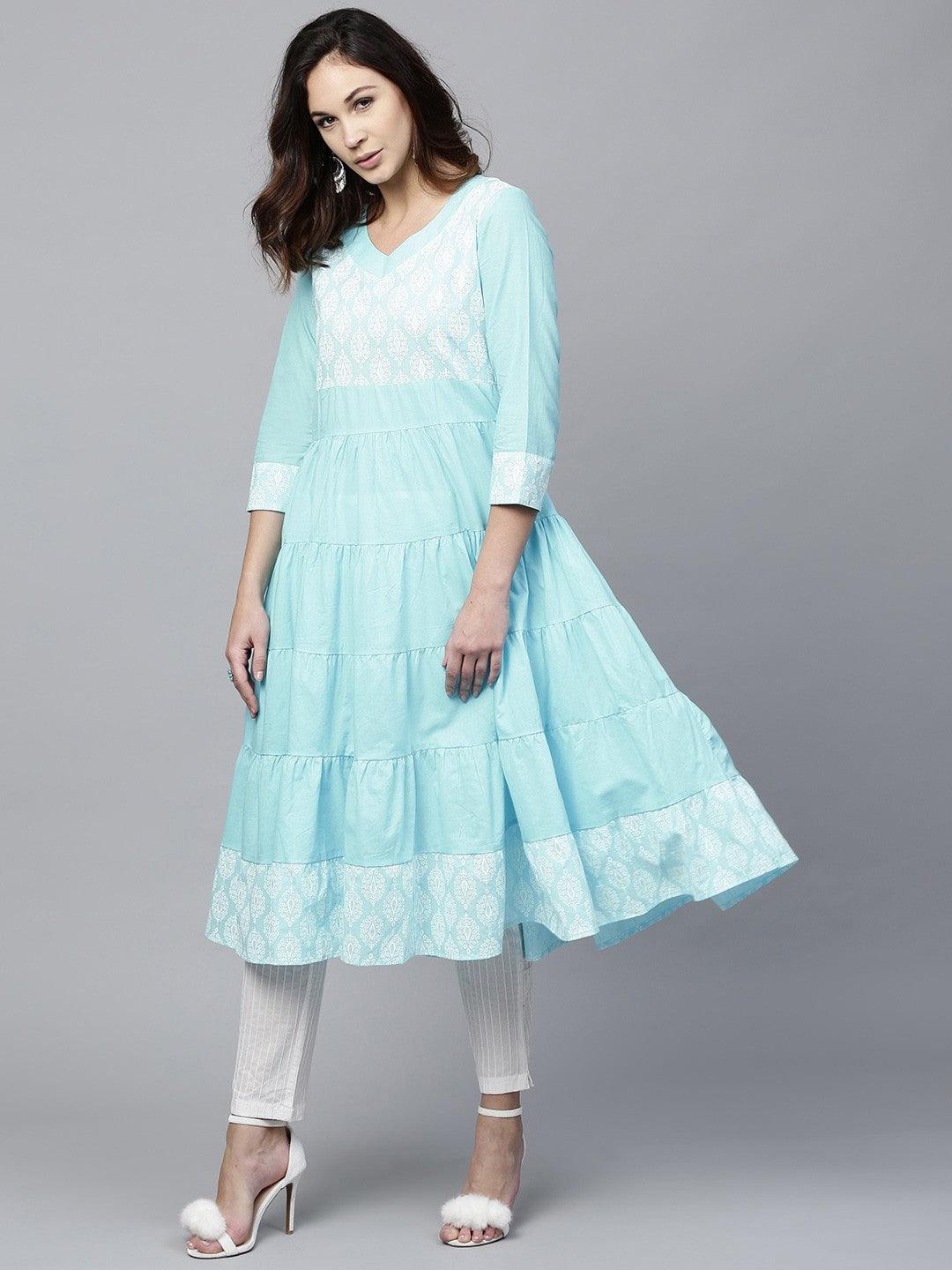 Sky Blue Khari Printed Tiered Anarkali (Fully Stitched) - Znxclothing