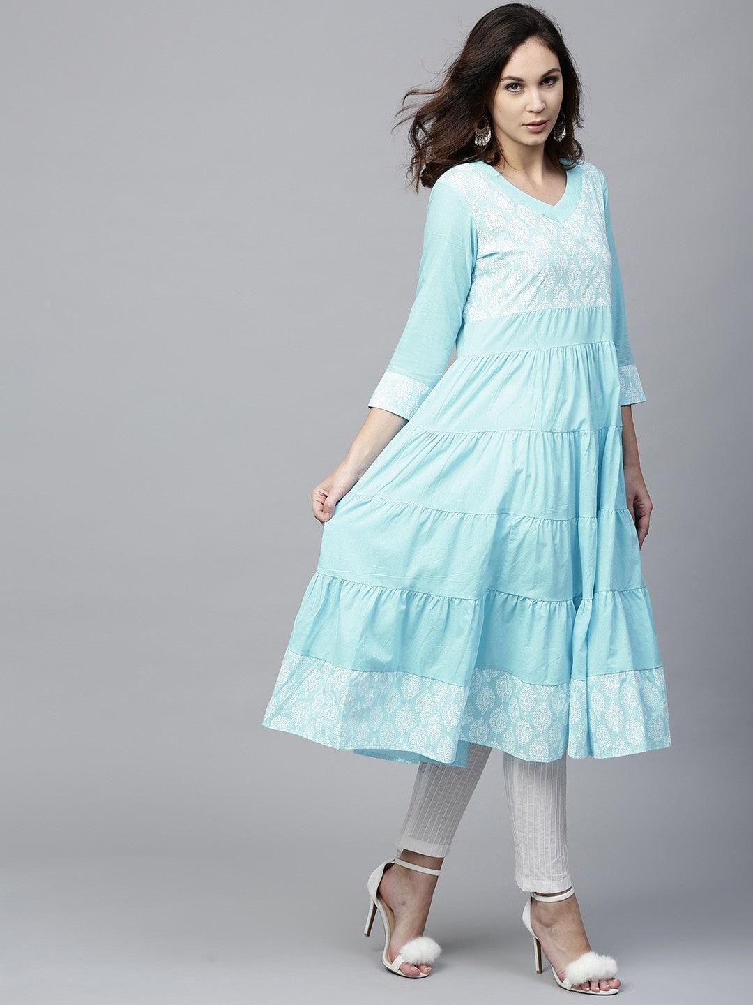 Sky Blue Khari Printed Tiered Anarkali (Fully Stitched) - Znxclothing