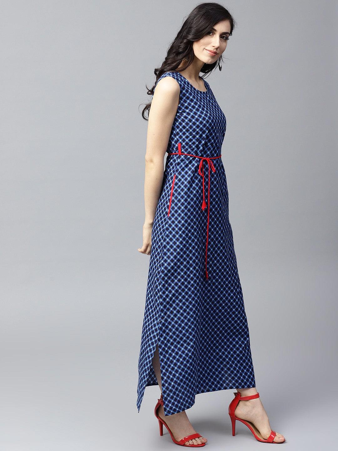 Blue Printed A-Line Maxi With Side Pocket Details (Fully Stitched) - Znxclothing